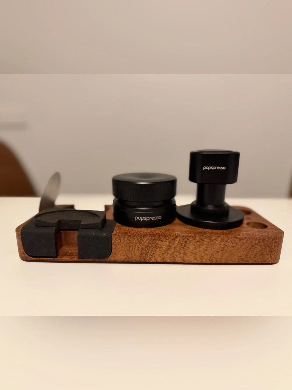 Popspresso Black Coffee Tamper and Distributor 58mm Set with Wooden Stand